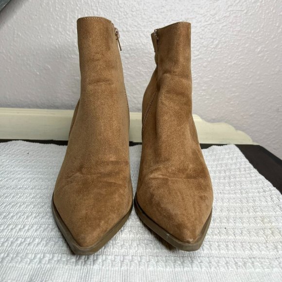 Just Fab Olwen Camel Textile Pointed Toe Zipper Block Heel Ankle Booties Size 8 - Picture 5 of 7